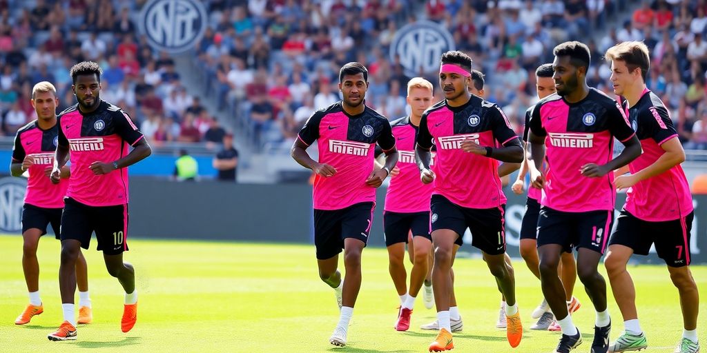 Inter Miami players training in pink and black kits.