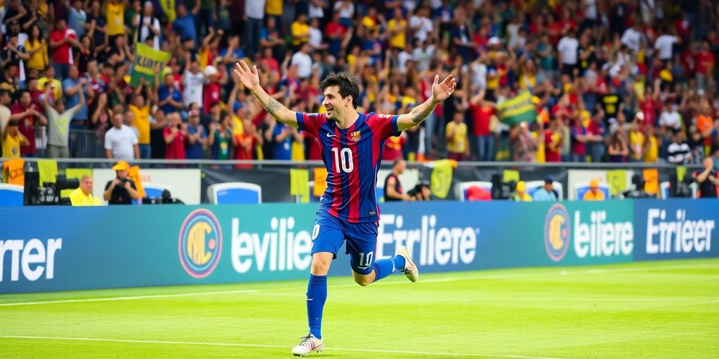 Lionel Messi celebrates a goal with fans cheering.