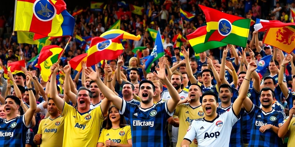 Excited soccer fans in jerseys at a stadium.