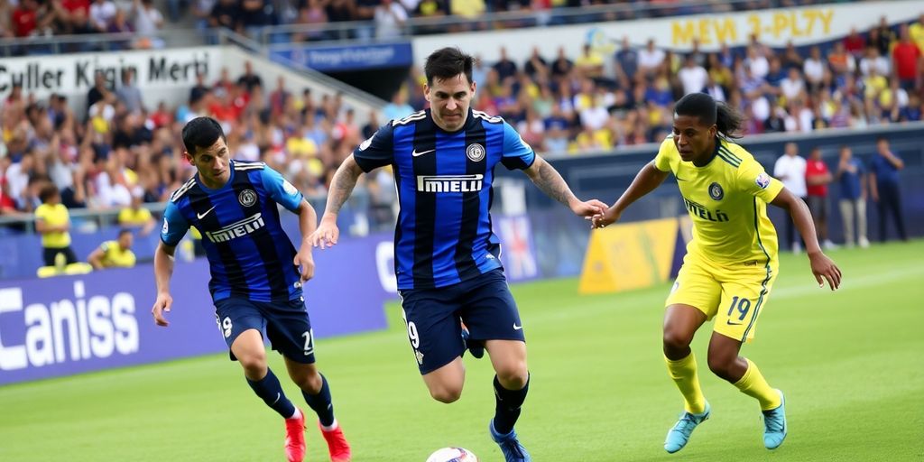 Lionel Messi dribbling the ball in a soccer match.