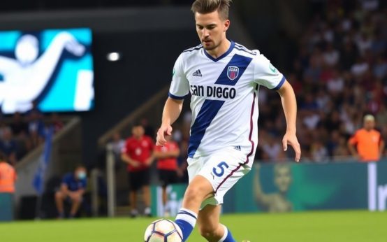 Anders Dreyer dribbling the ball on a soccer field.