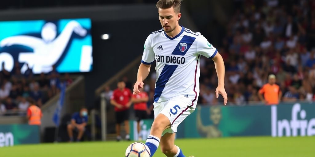 Anders Dreyer dribbling the ball on a soccer field.