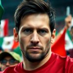 Lionel Messi with serious expression among Mexican fans.