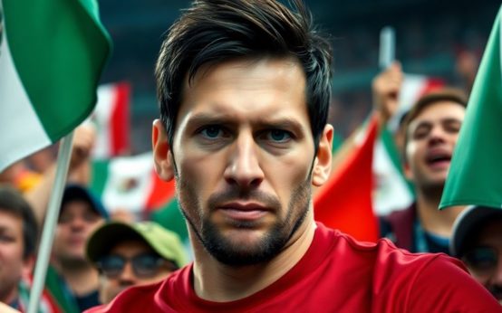 Lionel Messi with serious expression among Mexican fans.