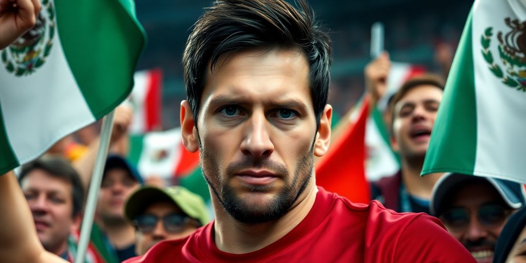 Lionel Messi with serious expression among Mexican fans.