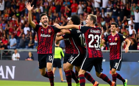 Atlanta United players celebrating a playoff victory.