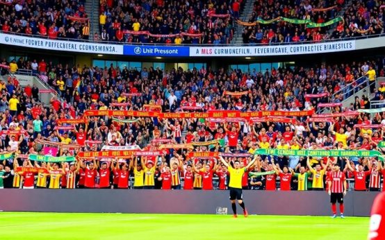 Soccer fans celebrating new signings in vibrant stadium.