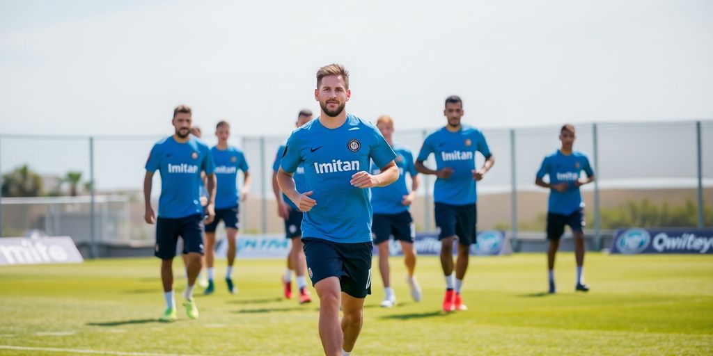 Lionel Messi training with Inter Miami teammates on the field.