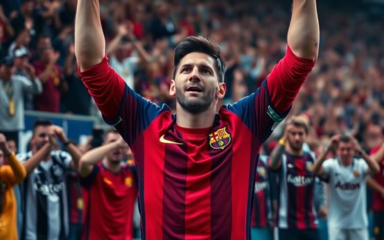 Messi celebrates a goal amidst a crowd of fans.