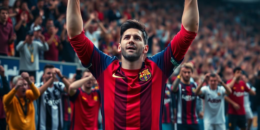 Messi celebrates a goal amidst a crowd of fans.