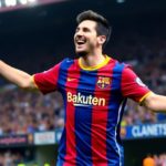 Lionel Messi celebrating a goal in Barcelona jersey.