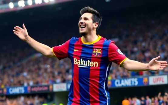 Lionel Messi celebrating a goal in Barcelona jersey.