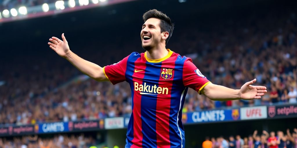 Lionel Messi celebrating a goal in Barcelona jersey.