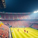 Soccer players in action during an MLS match with fans.