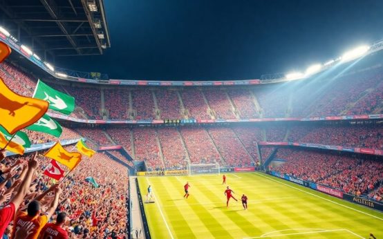 Soccer players in action during an MLS match with fans.