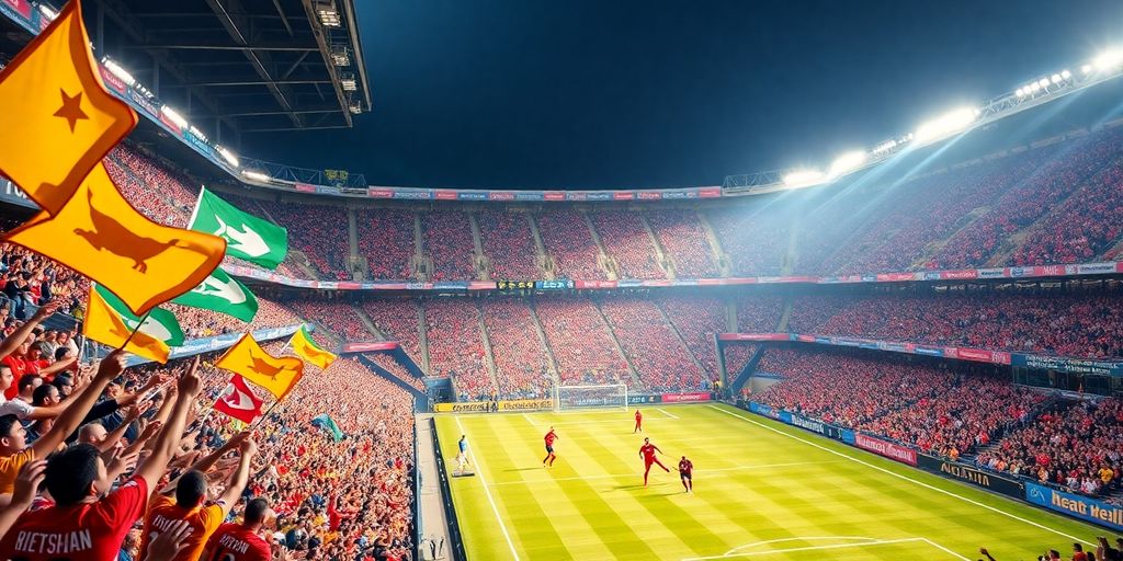 Soccer players in action during an MLS match with fans.