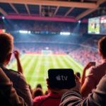 Fans watching soccer on Apple TV, celebrating the game.