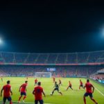 Soccer players in action under stadium lights at night.