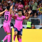 Inter Miami players celebrating a goal in preseason match.