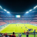 Soccer stadium with fans and players during a match.