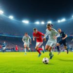 Dynamic soccer players competing on a green field.