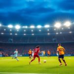 Soccer players on a brightly lit field during a match.