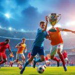 Soccer players competing in a vibrant match atmosphere.