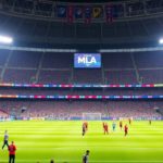 Soccer stadium filled with fans and players ready to play.
