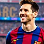 Lionel Messi smiling in Barcelona jersey at Camp Nou.