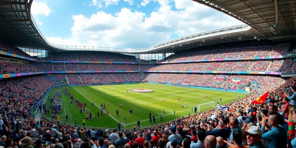 A crowded soccer stadium filled with diverse fans.